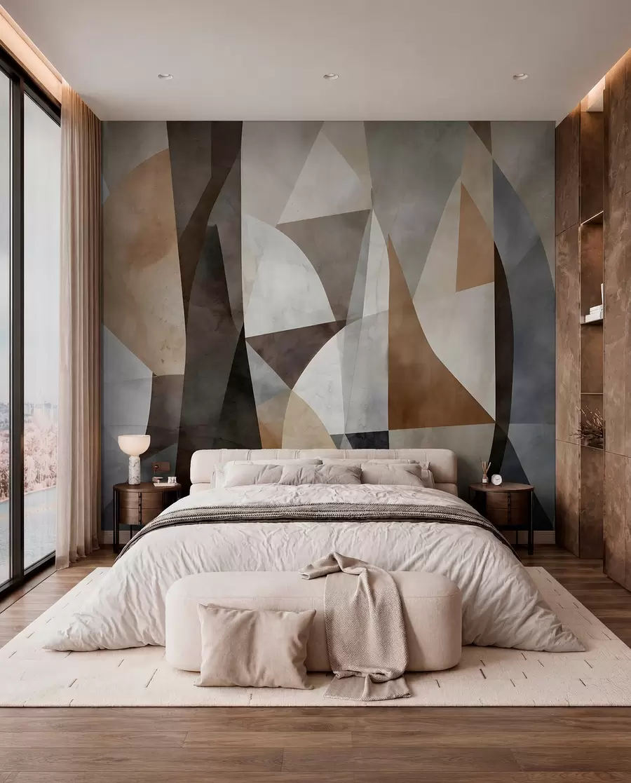 fototapeter Abstrakt moderne kunst med geometriske former i nuancer af brun, grå og beige w08530