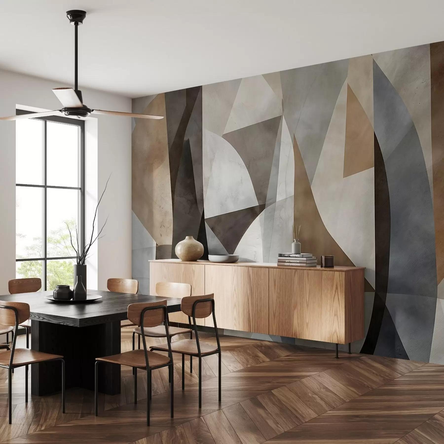 Murale Art moderne abstrait : formes géométriques texturées dans les tons de brun, gris et beige w08530