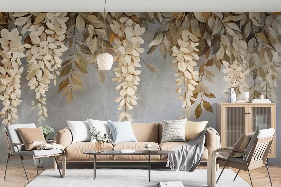 fototapeter Delikate hvide og lys beige blåregnblomster med blade, der falder ned mod en blød grå baggrund w08531