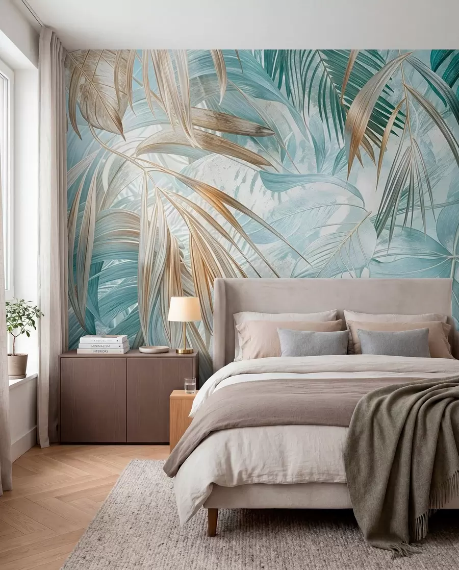 fototapeter Et tropisk abstrakt blomsterprint med store palmeblade i blå og beige nuancer skaber en frodig atmosfære w08532