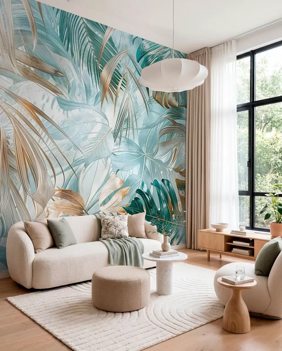 fototapeter Et tropisk abstrakt blomsterprint med store palmeblade i blå og beige nuancer skaber en frodig atmosfære w08532