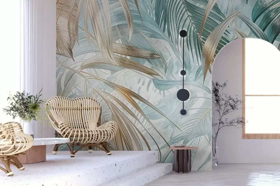 Murale Un imprimé floral abstrait tropical avec de grandes feuilles de palmier dans des tons bleus et beiges crée une atmosphère luxuriante w08532