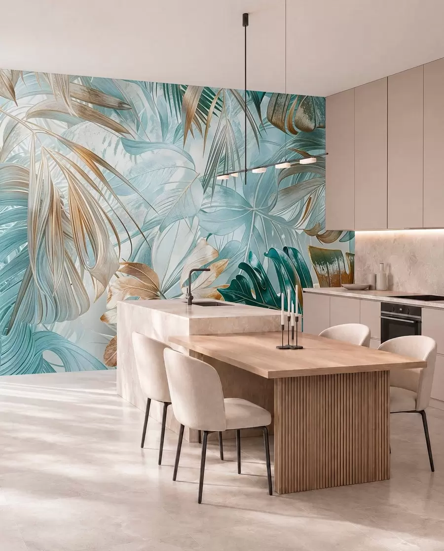 fototapeter Et tropisk abstrakt blomsterprint med store palmeblade i blå og beige nuancer skaber en frodig atmosfære w08532