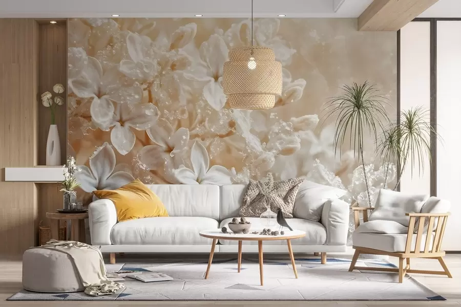 Fototapete Zarte weiße Fliederblüten mit weichem, gelbem unscharfem Hintergrund w08533