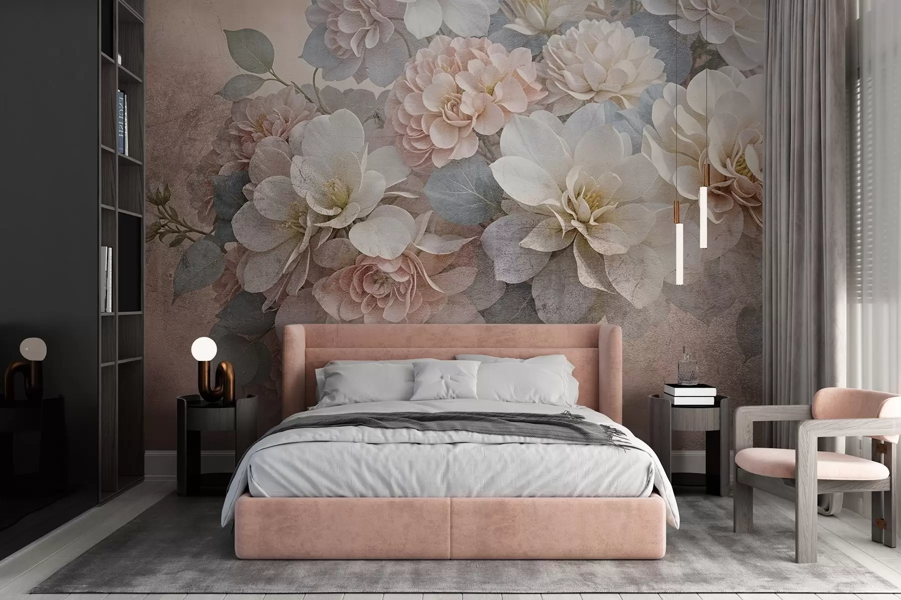fototapeter Blødt teksturprint med ferskenfarvede og hvide pæonblomster med grønne blade på beige baggrund w08534