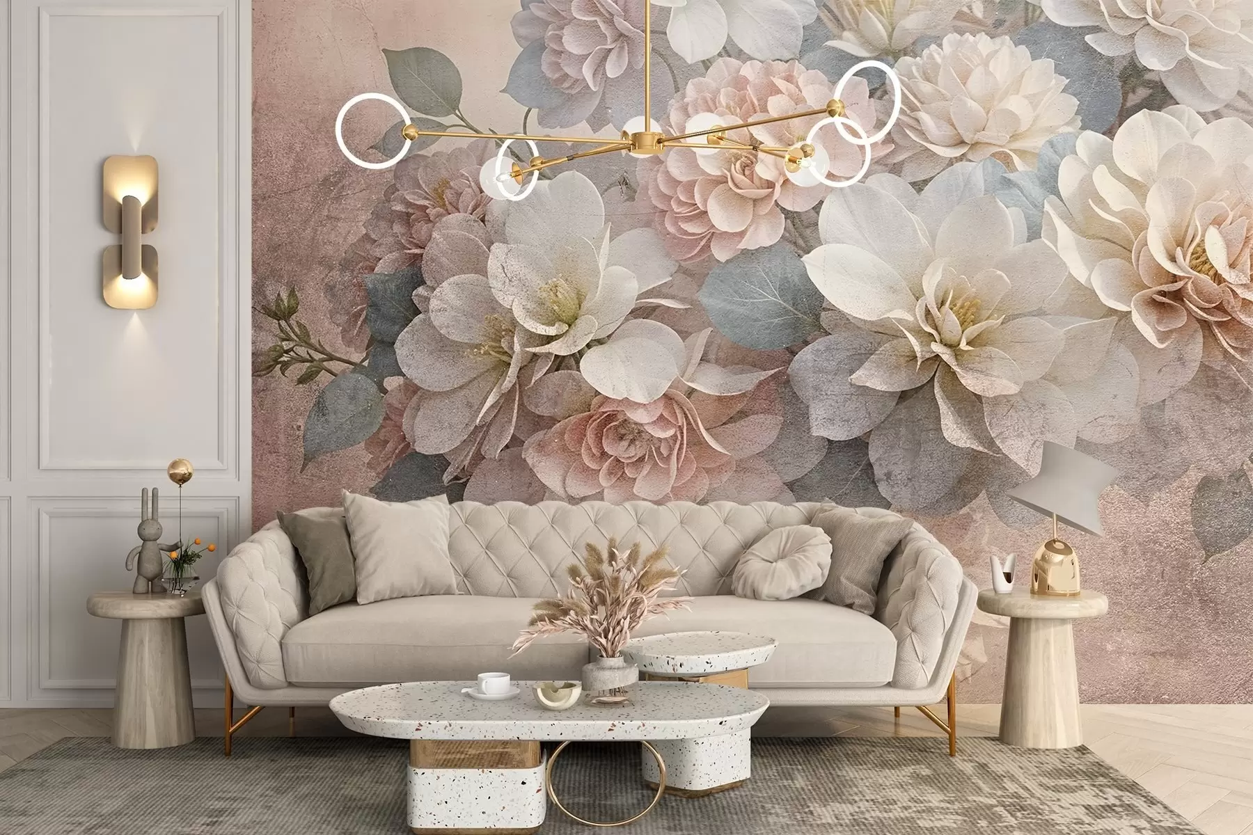 Fototapete Weicher Strukturdruck mit pfirsichfarbenen und weißen Pfingstrosenblüten mit grünen Blättern auf beigem Hintergrund w08534