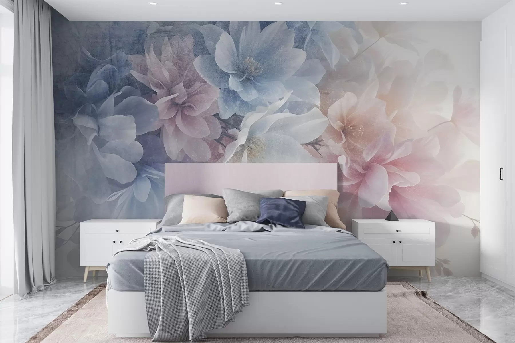 fototapeter Blødt, pastelfarvet blomsterarrangement med store, delikate blomster i rosa, blå og hvide nuancer  w08535