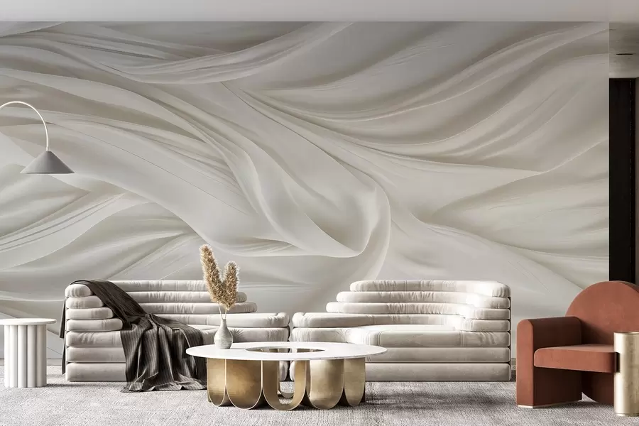 Fototapete Moderner Druck mit Imitation eines glatten, fließenden weißen Stoffes mit weichen, wogenden Falten und Knicken w08537