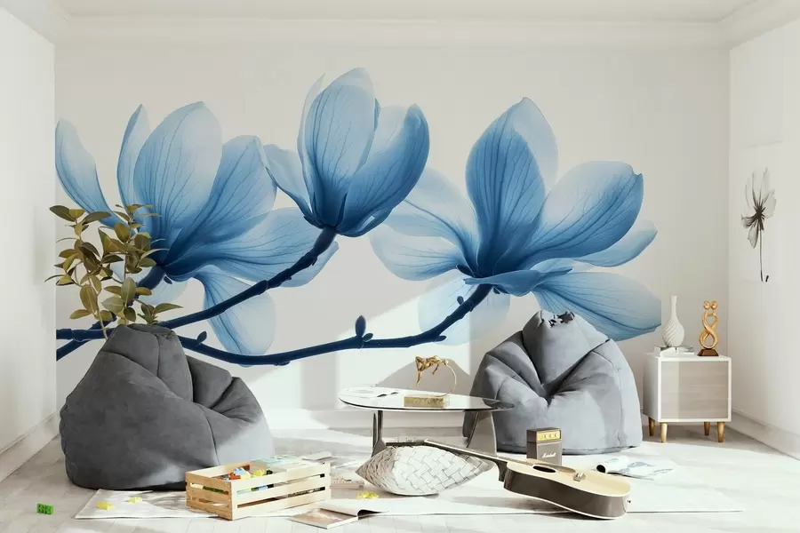 Fototapete zarte blaue Magnolienblüten an den Zweigen w02633