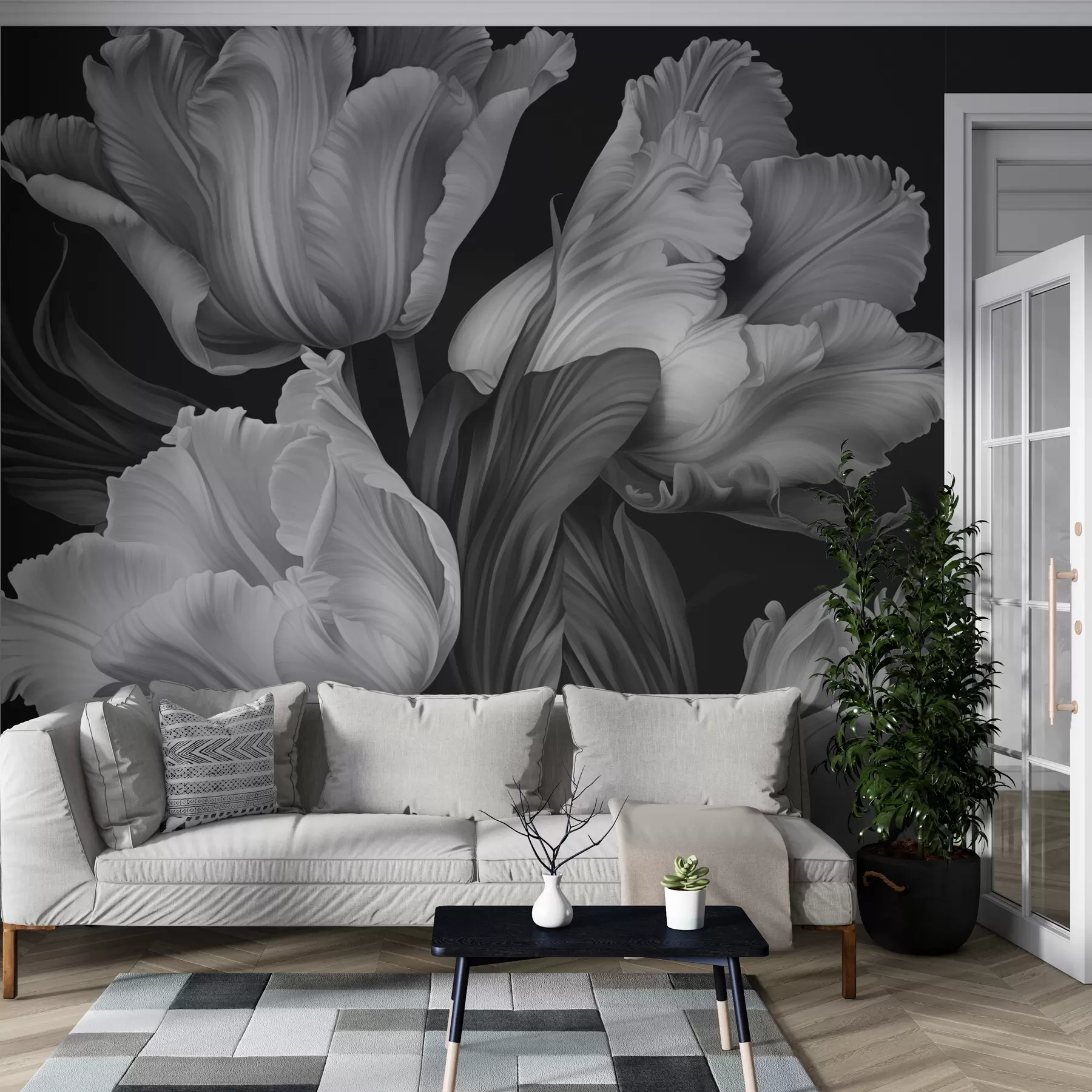 Murale Tulipes noires et blanches en style photoréaliste w02557