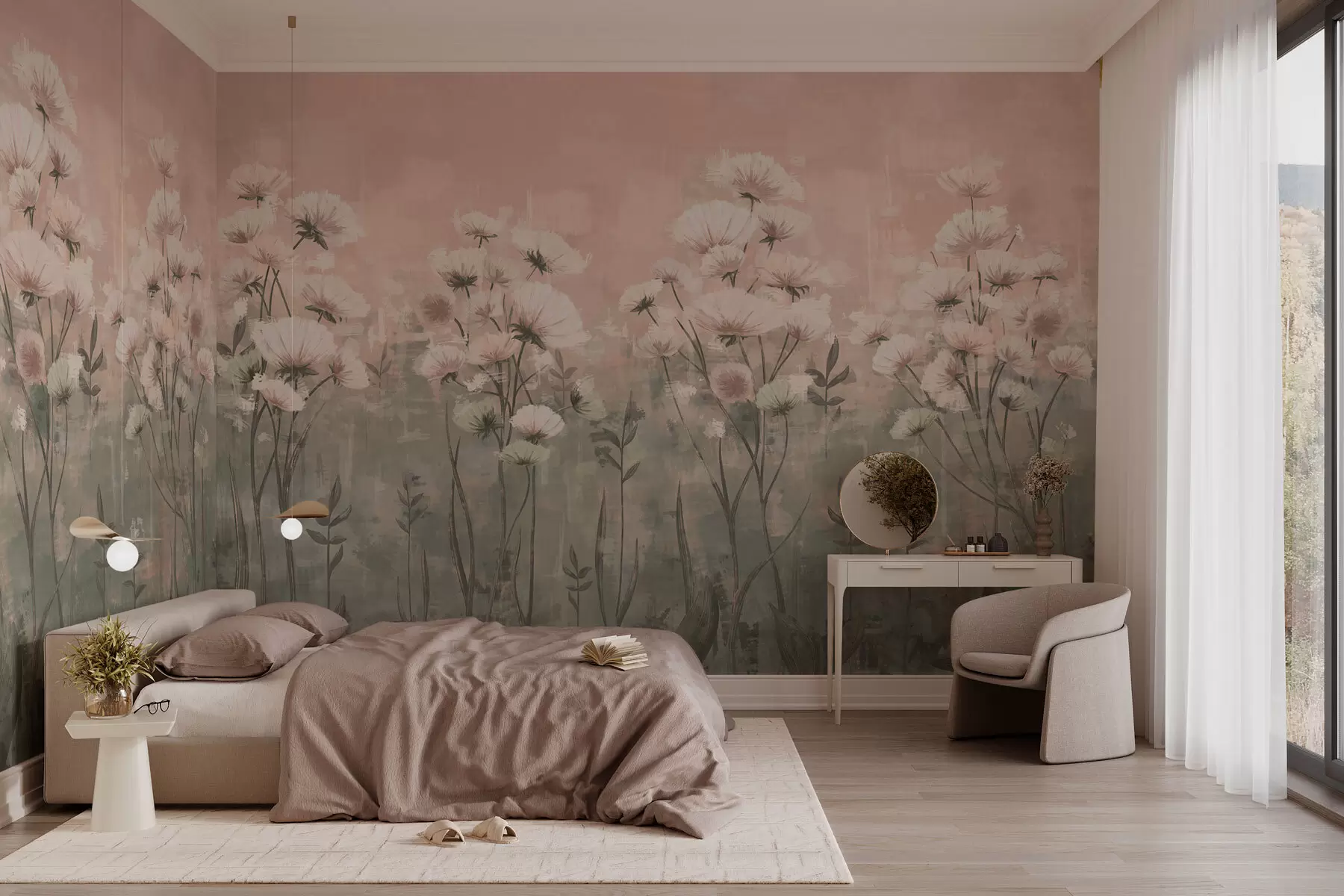 Murale Fleurs sauvages délicates avec effet de pinceau en rose w02629