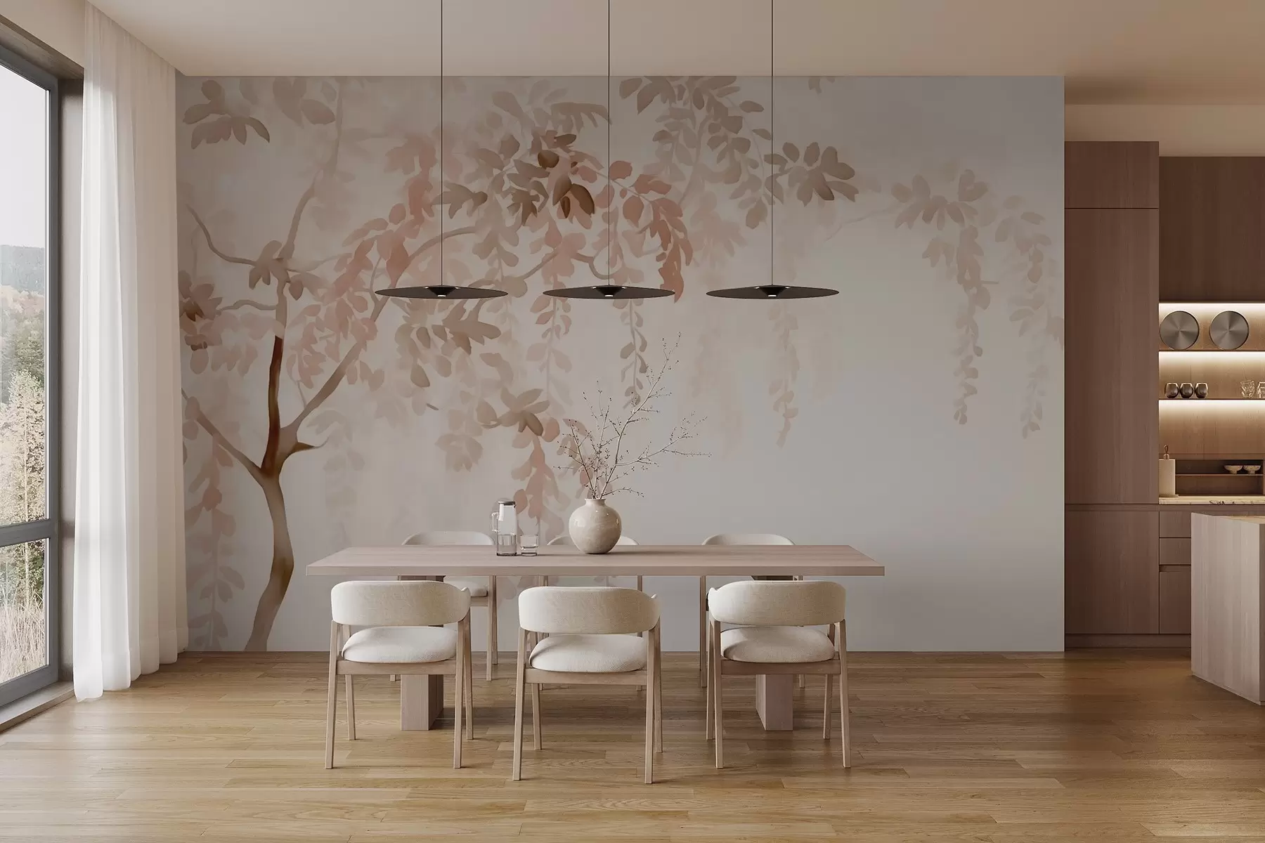 Fototapete Silhouette eines Baumes mit Zweigen im Aquarellstil w02635