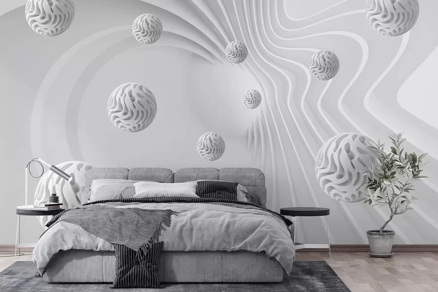 Fototapete 3D-Grauabstraktion mit Kugeln und Tiefenwirkung w08553