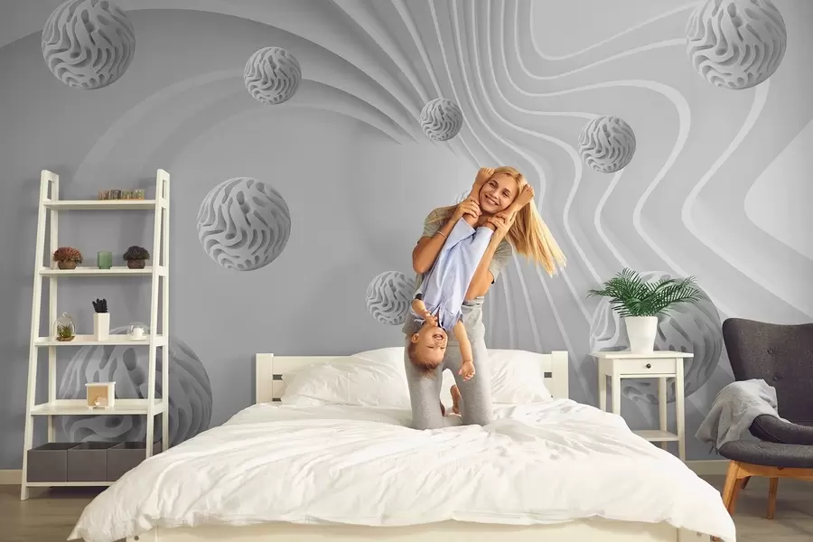 Fototapete 3D-Grauabstraktion mit Kugeln und Tiefenwirkung w08553