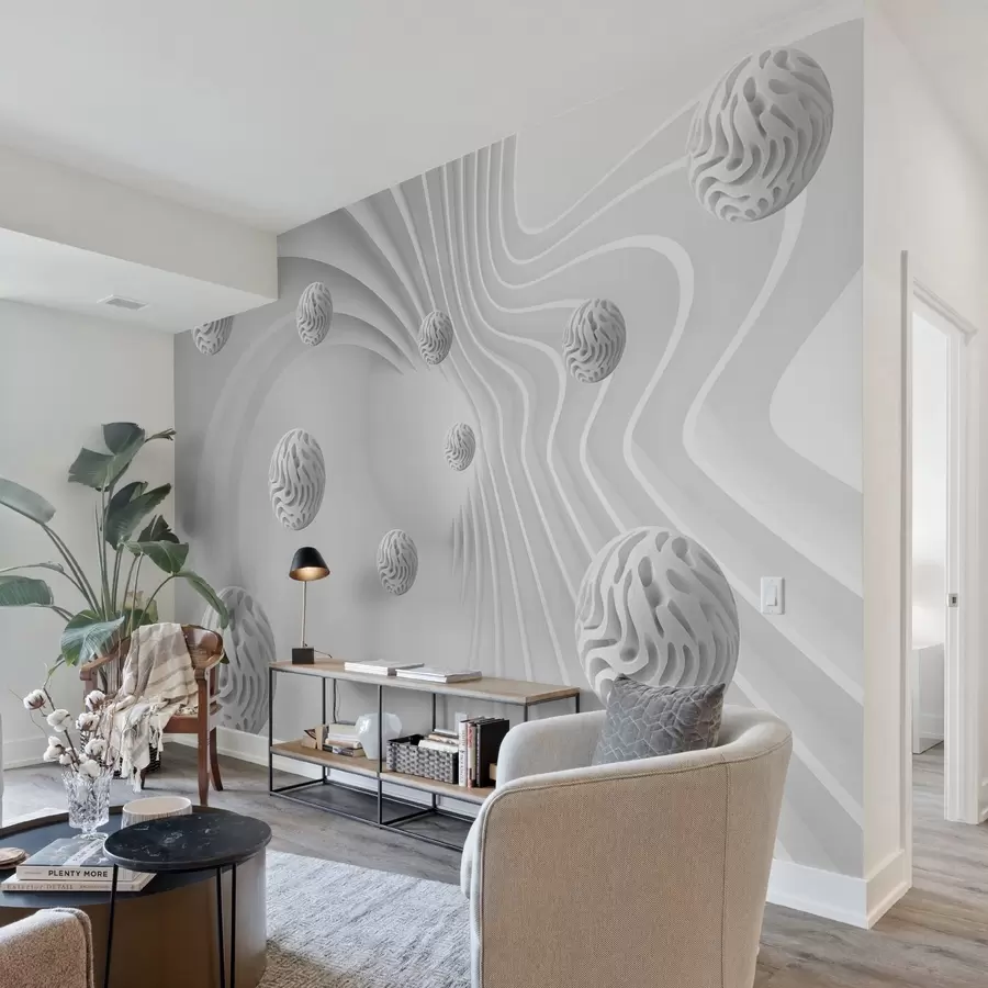 Fototapete 3D-Grauabstraktion mit Kugeln und Tiefenwirkung w08553