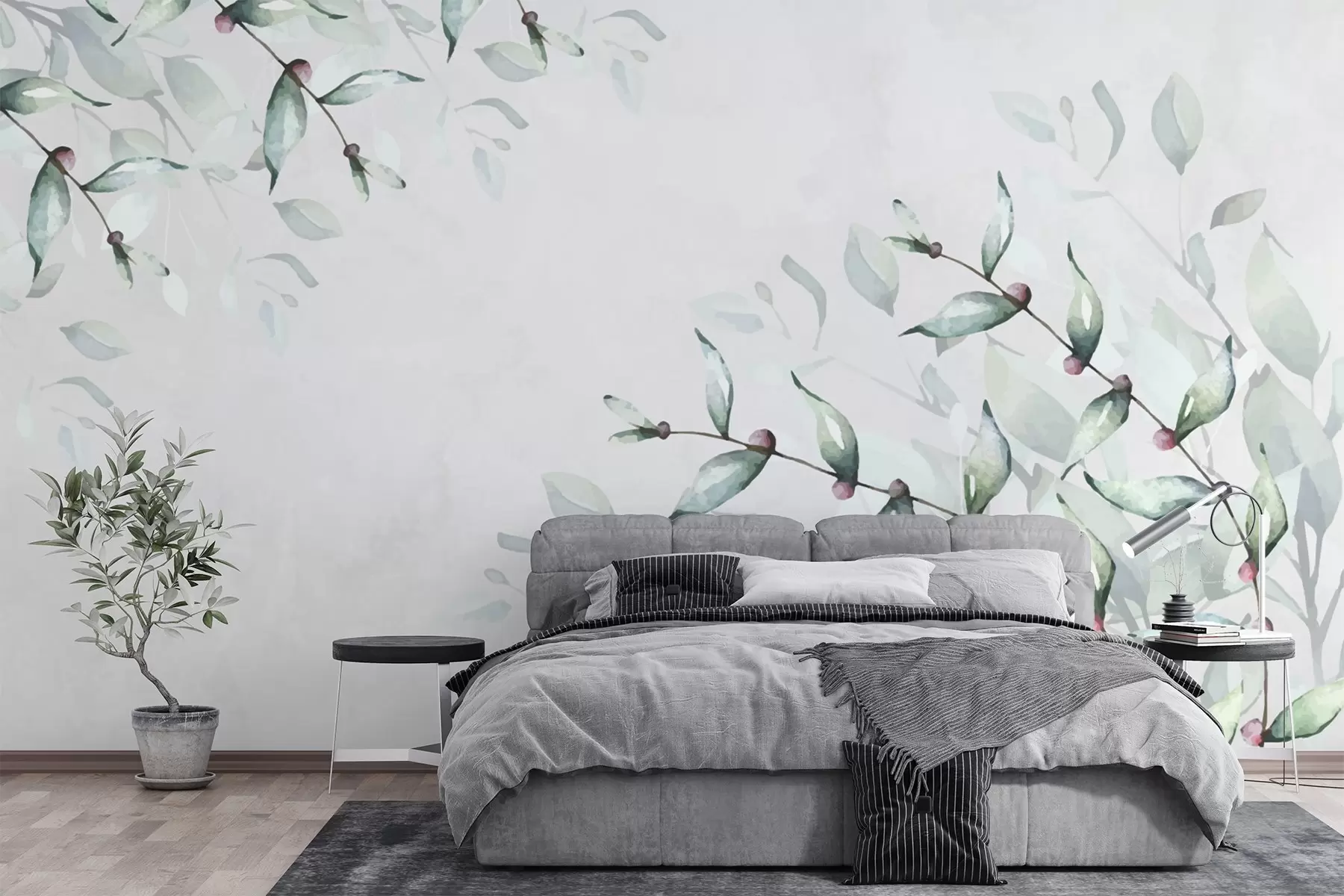 Fototapete zweige mit grünen Blättern auf grauem Hintergrund w02660