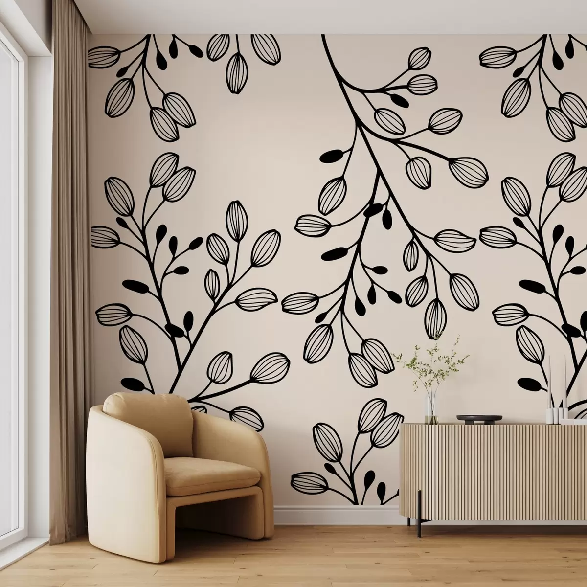 fototapeter malede kviste på en beige baggrund w02665