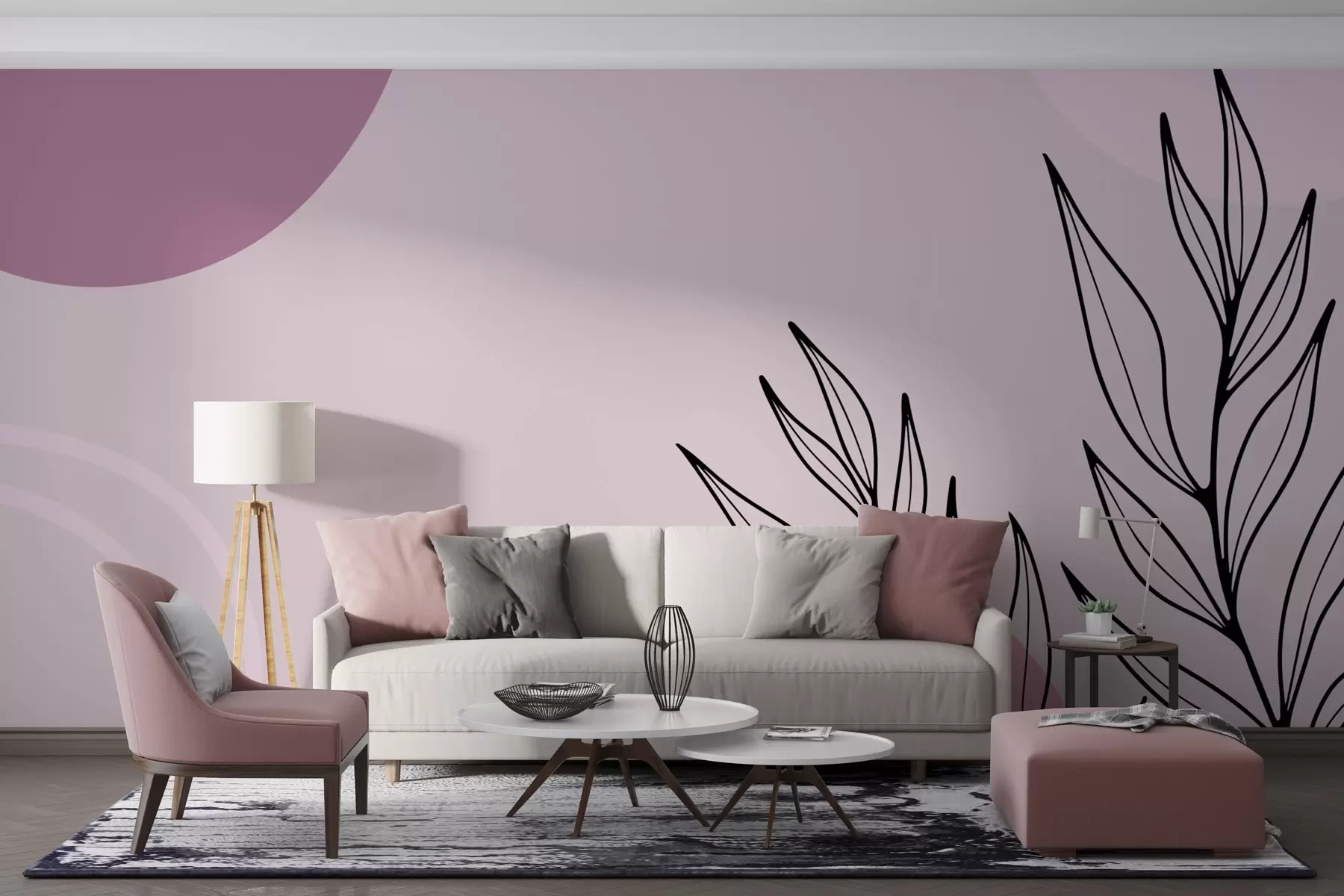 Fototapete rosa Abstraktion mit Blättern w02666