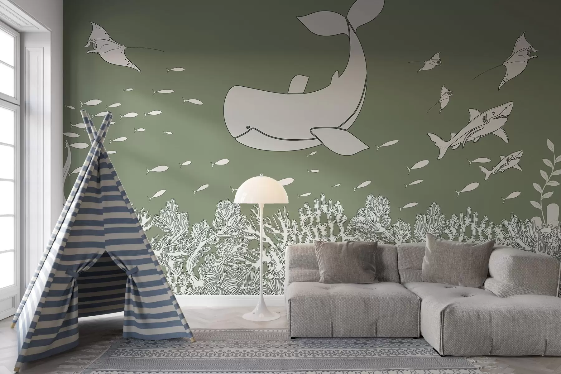 fototapeter Rejsen med hvalen, grøn nuance w02645v2