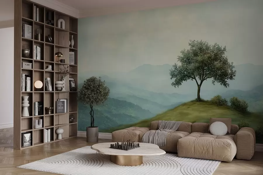 Fototapete panorama mit einem Baum auf einem Hügel w02683