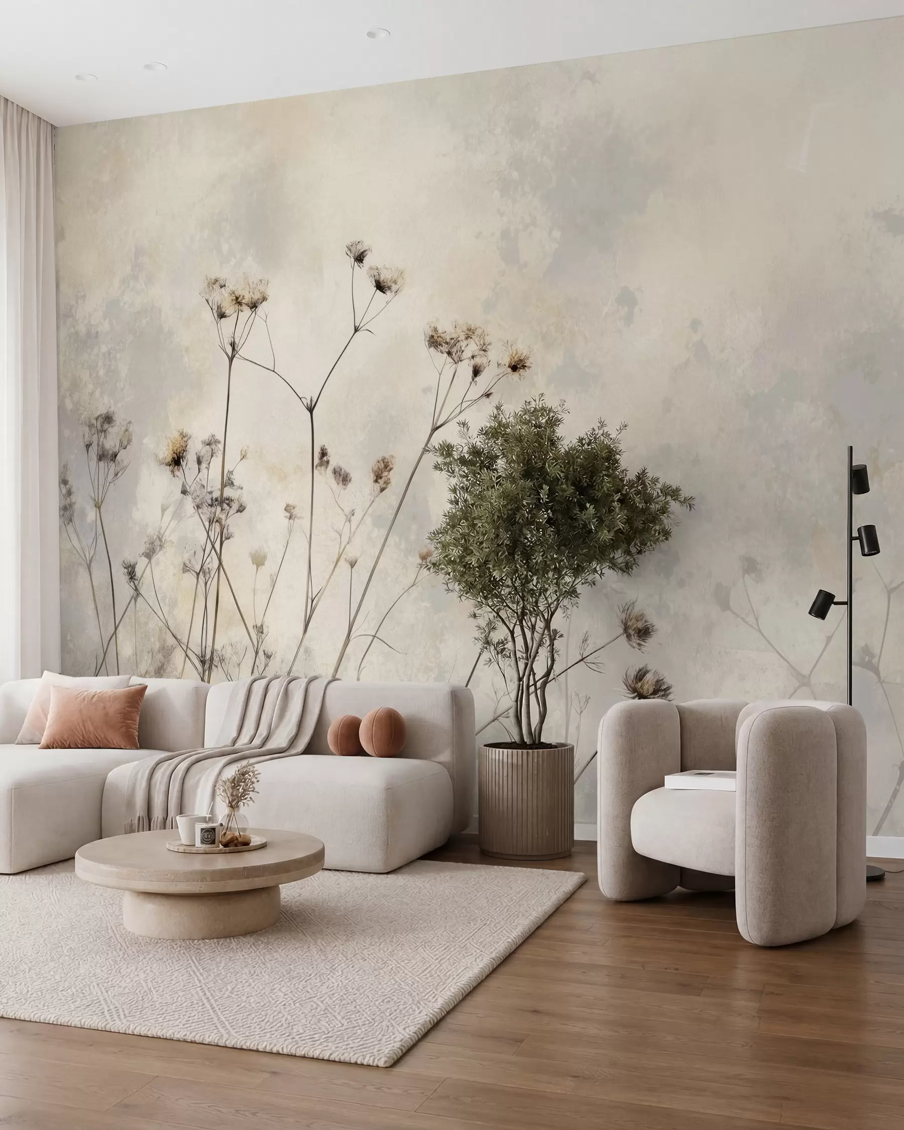 Murale papier peint de style écologique avec des plantes sauvages dans des couleurs pastel w02684