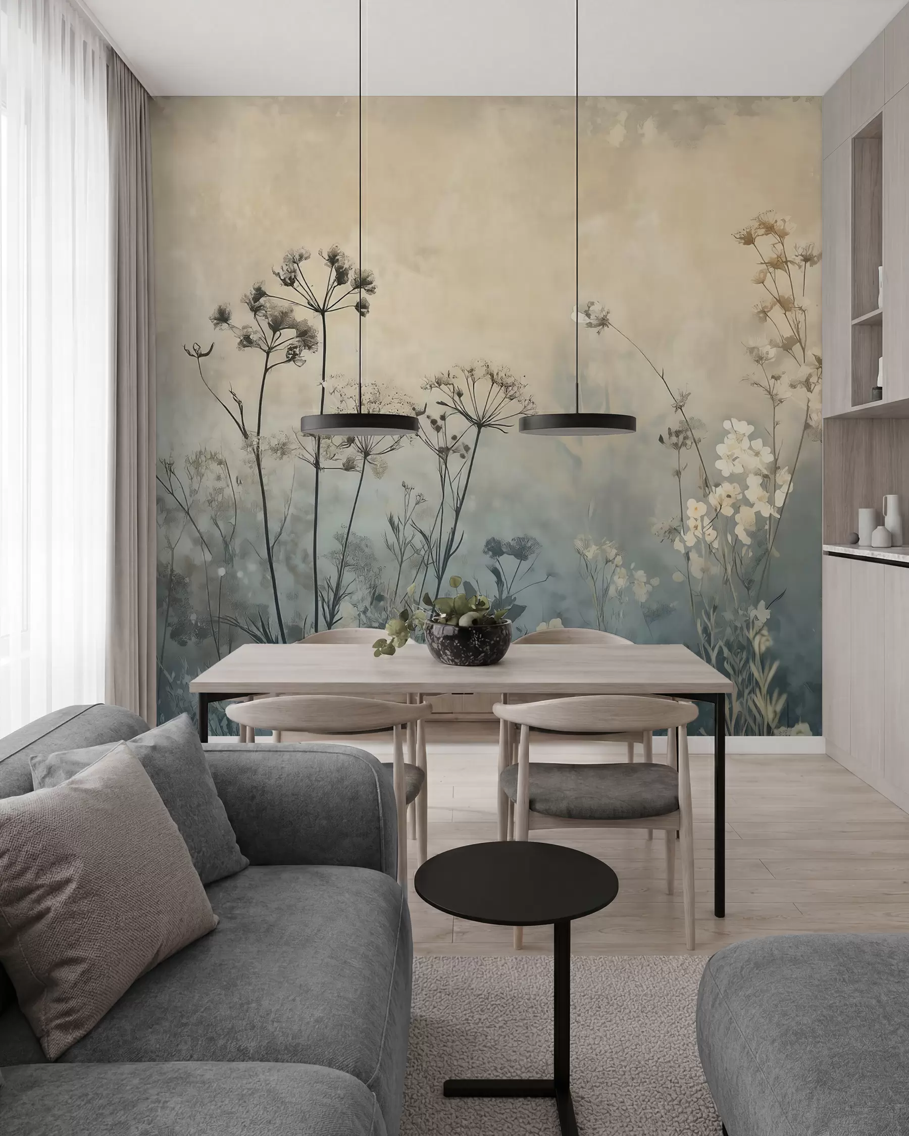 fototapeter tapet i øko-stil med vilde blomster og planter på en struktureret baggrund w02685
