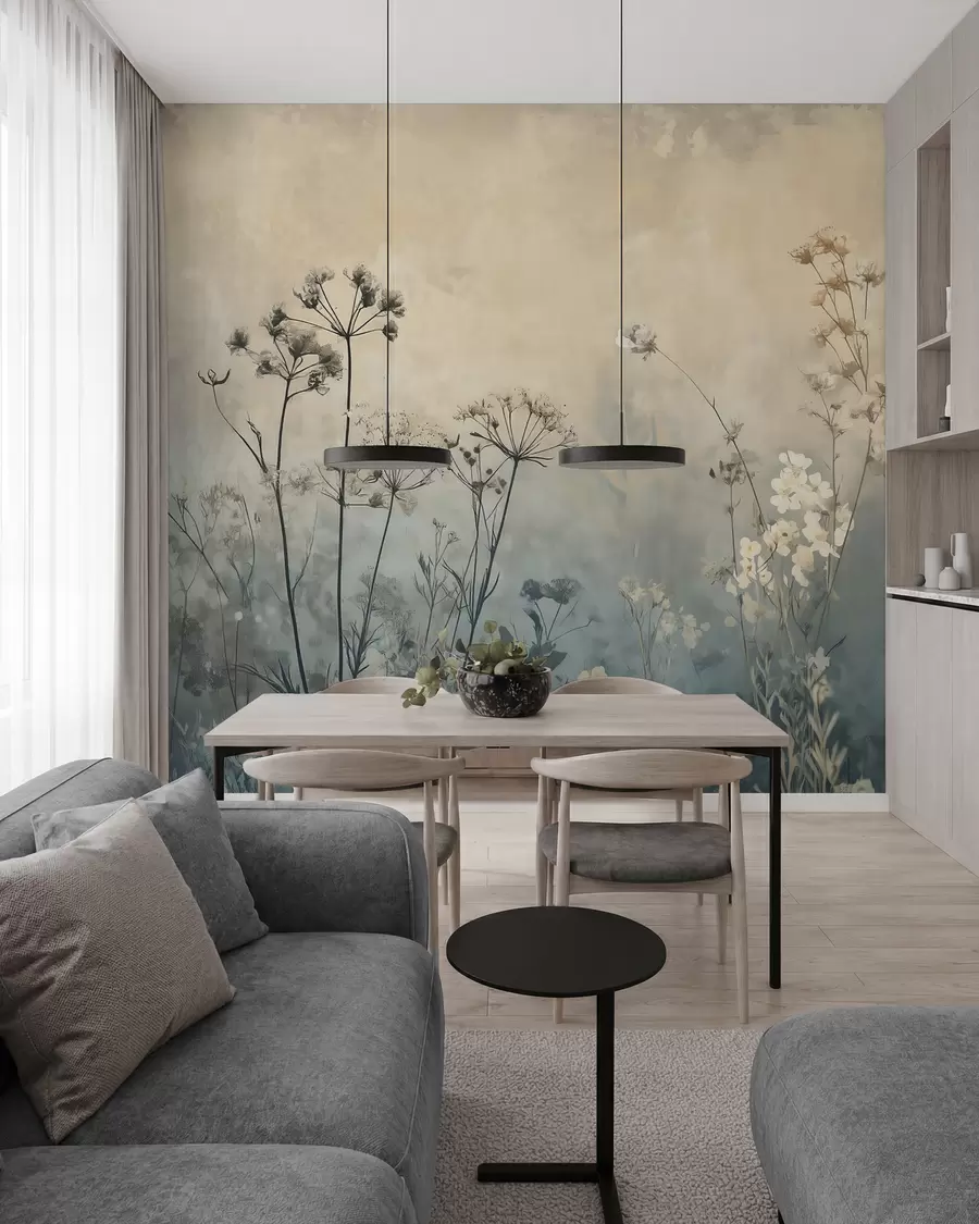 fototapeter tapet i øko-stil med vilde blomster og planter på en struktureret baggrund w02685