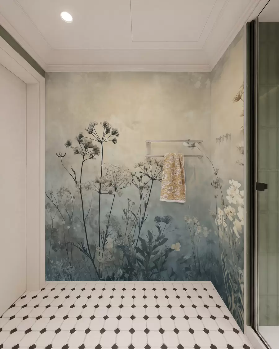 fototapeter tapet i øko-stil med vilde blomster og planter på en struktureret baggrund w02685
