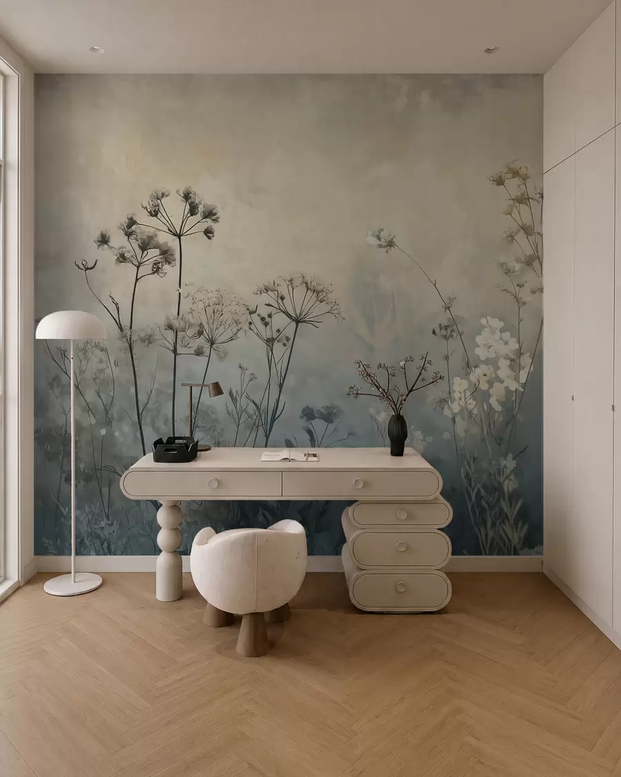 fototapeter tapet i øko-stil med vilde blomster og planter på en struktureret baggrund w02685