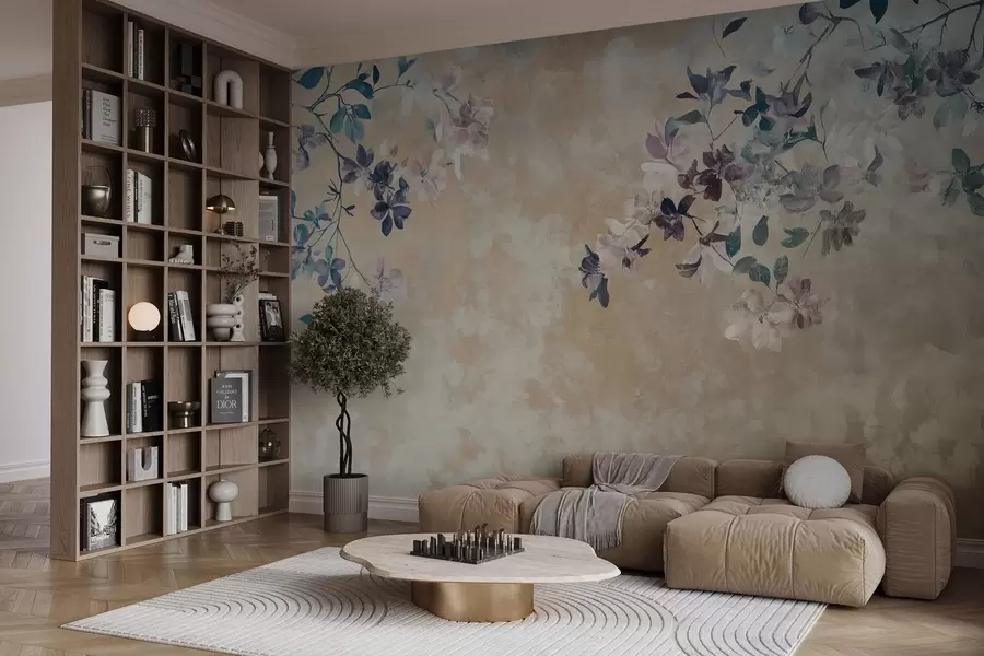 Fototapete retro-Stil Tapete mit Zweigen und Blumen w02686