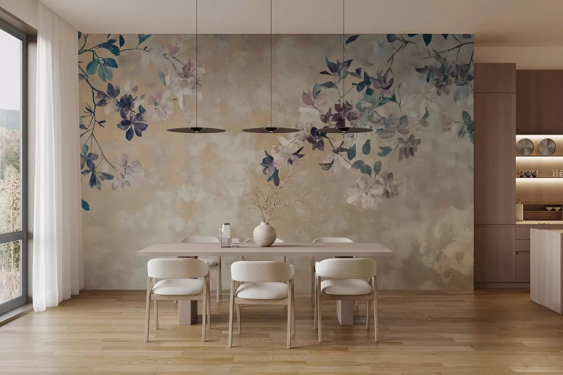 Fototapete retro-Stil Tapete mit Zweigen und Blumen w02686