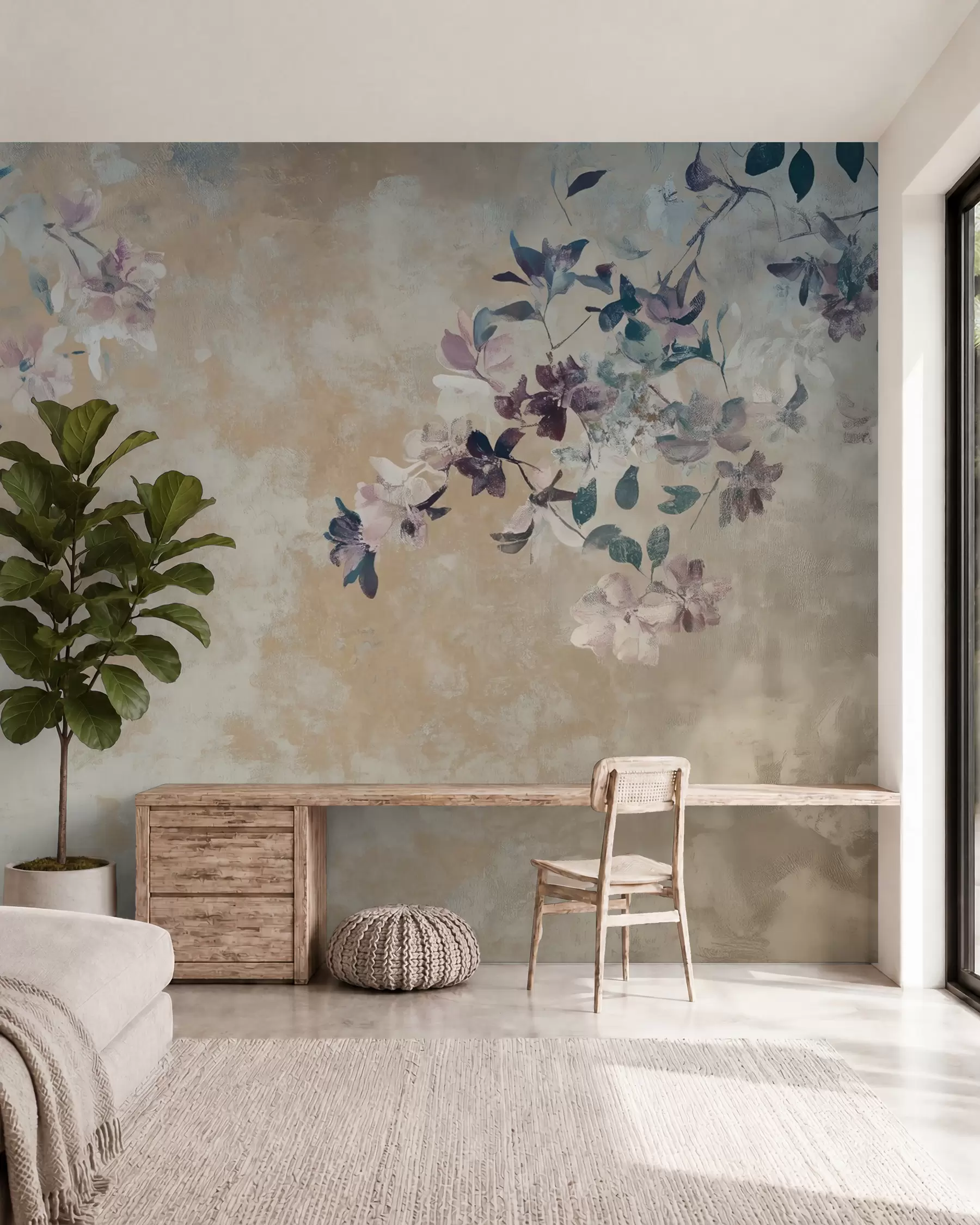 Murale papier peint de style rétro avec des branches et des fleurs w02686