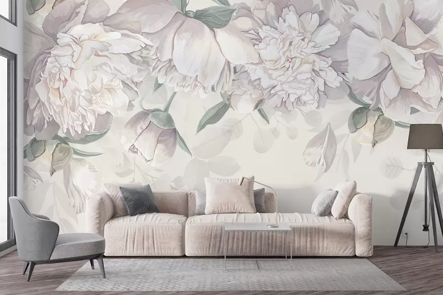 fototapeter Sarte hvide og rosa pastelfarvede pæoner med grønne blade, arrangeret i en blød, romantisk blomsterbaggrund w08577