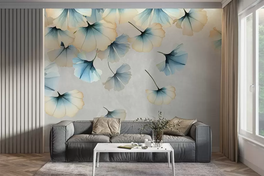 Murale Feuilles de ginkgo bleues et jaunes aux couleurs pastel avec de délicats pétales flottant dans l'air sur un fond texturé w08578v1