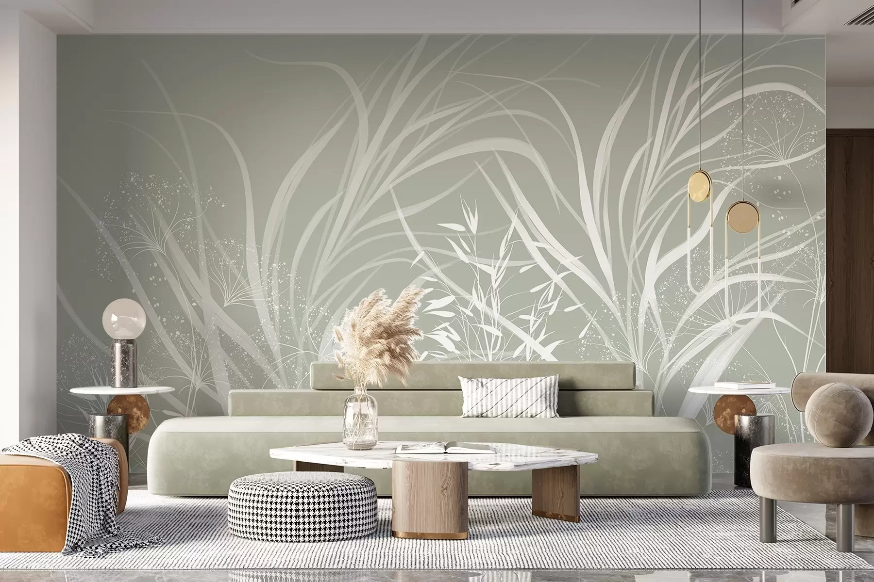 fototapeter Delikat moderne minimalistisk hvidt blomsterprint på en lys pastelgrøn baggrund w08583v1