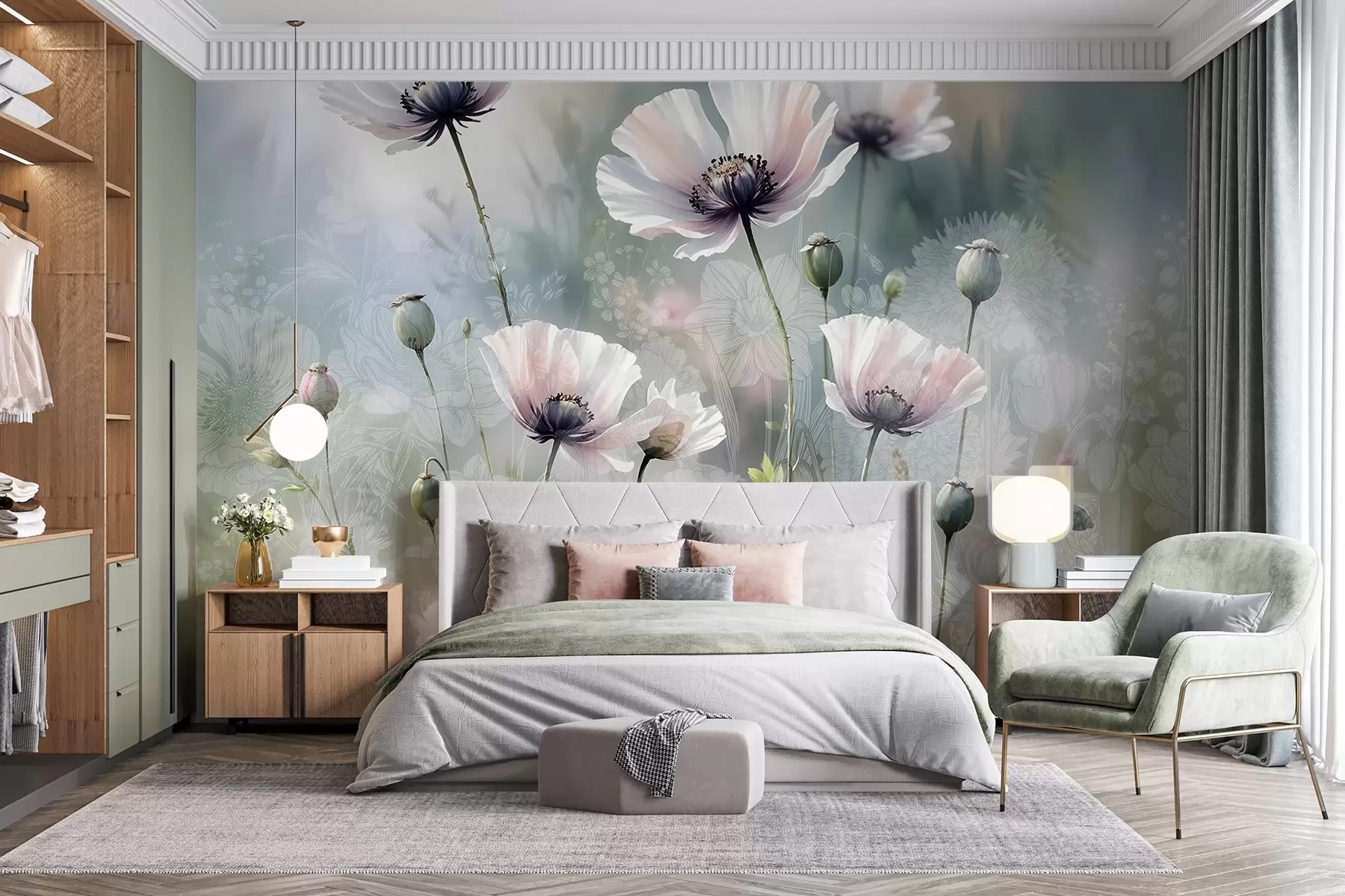 fototapeter Sarte rosa og lilla valmuer med grønne stængler og knopper mod en blød, sløret tekstureret baggrund w08585