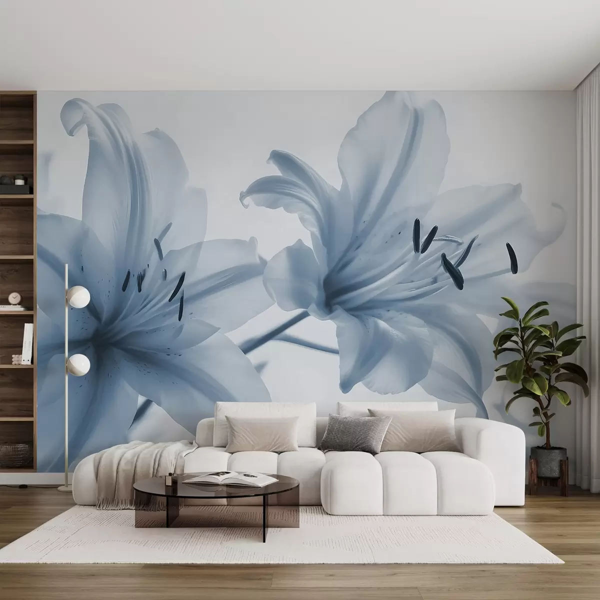 Fototapete Weichzeichner-Nahaufnahme von blauen minimalistischen Lilienblüten vor einem hellen Hintergrund w08586