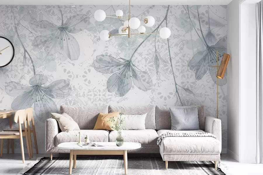 Fototapete Zarte blaue und weiße Blumen mit langen Stielen und Blütenblättern vor einem weichen, verschwommenen Hintergrund w08588