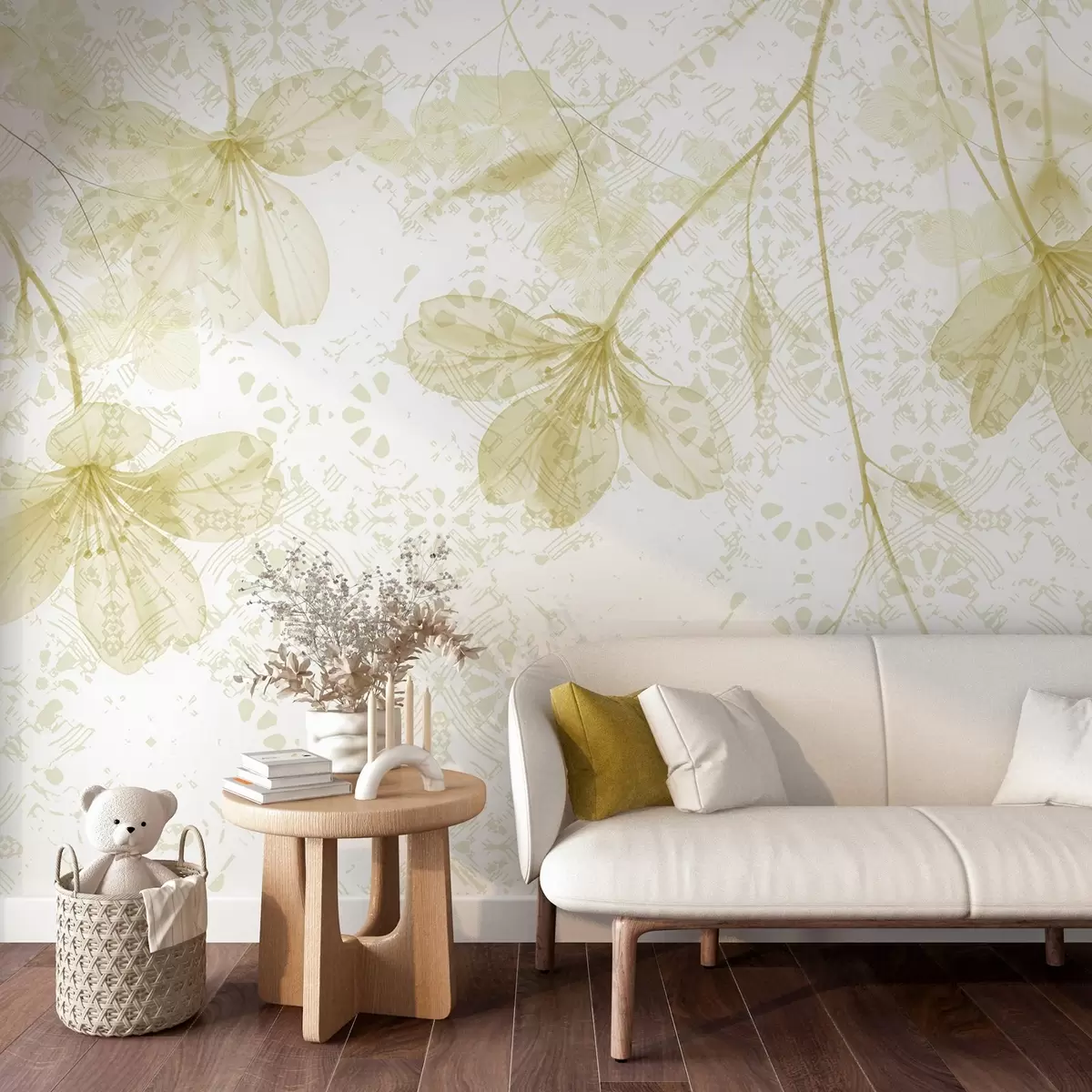 Fototapete Zarte gelbe und weiße Blüten mit langen Stielen und Blütenblättern vor einem weichen, unscharfen, strukturierten Hintergrund w08588v2