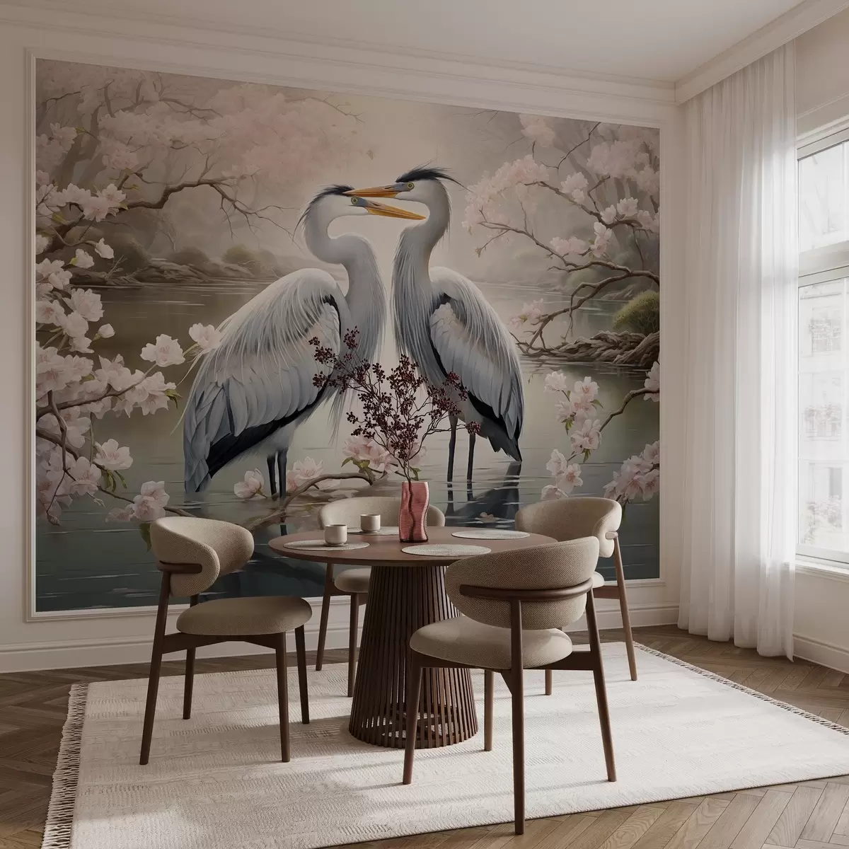 fototapeter Et storkepar i en blomstrende have w02621