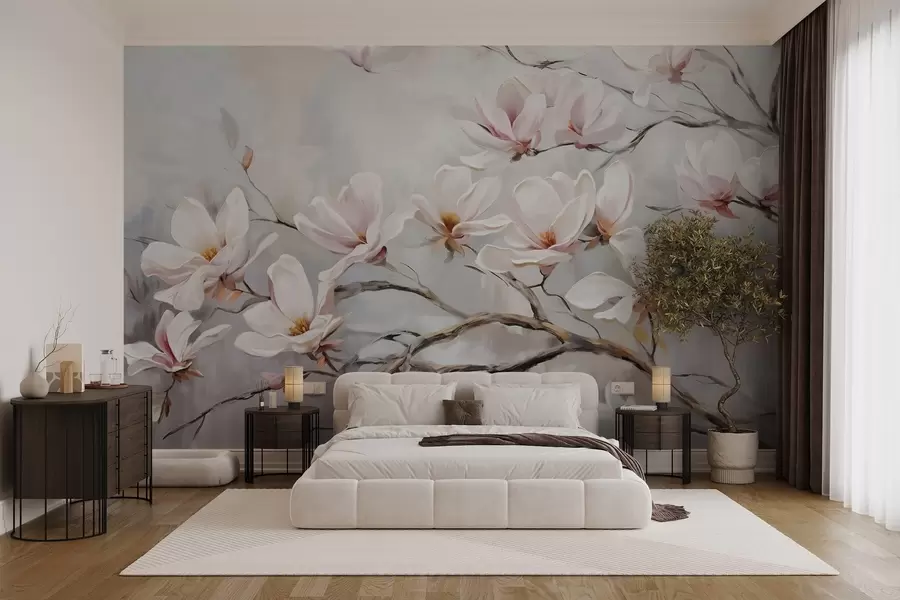 fototapeter Sarte lyserøde magnoliablomster blomstrer på nøgne trægrene mod en blød, diset baggrund w08589
