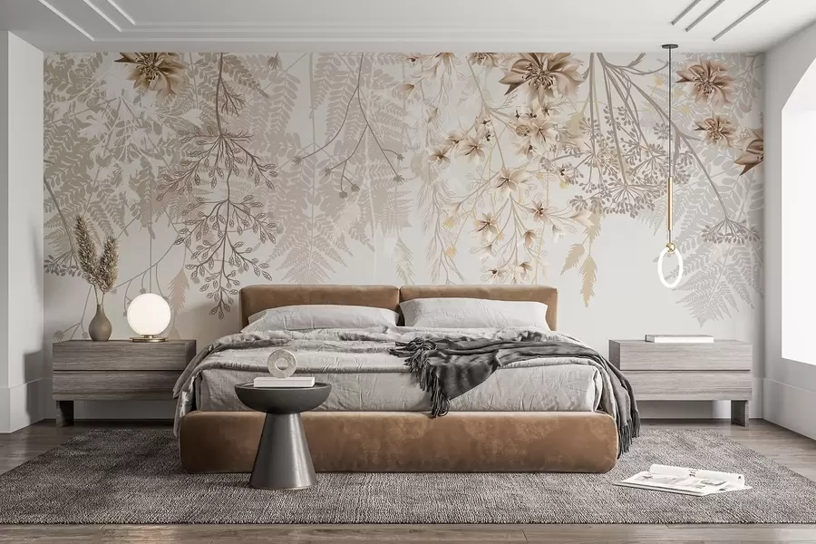 Murale Branches florales délicates et herbe avec des fleurs blanches, grises et beiges tombant en cascade sur un fond clair w08598