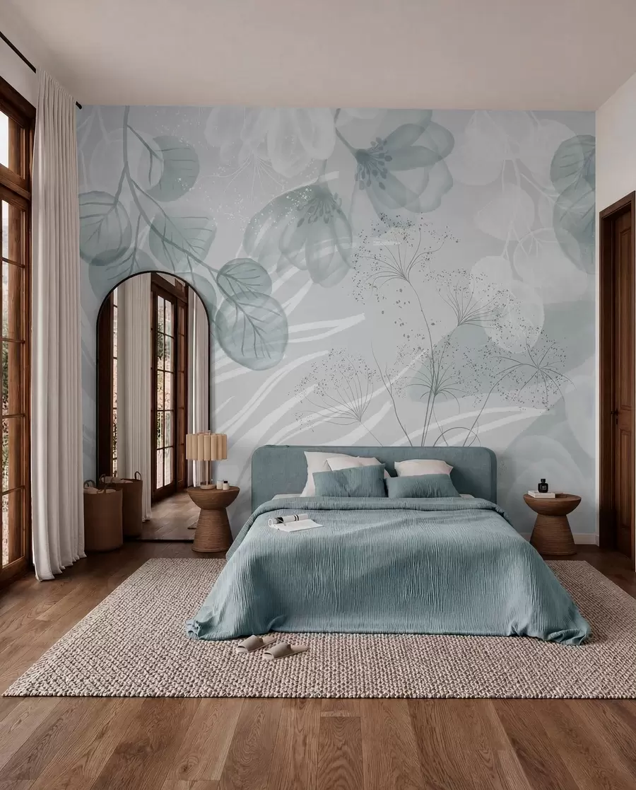 Murale Éléments floraux d'eucaliptus dans des tons bleus et blancs avec des feuilles et des pétales qui se chevauchent dans un style minimaliste w08599
