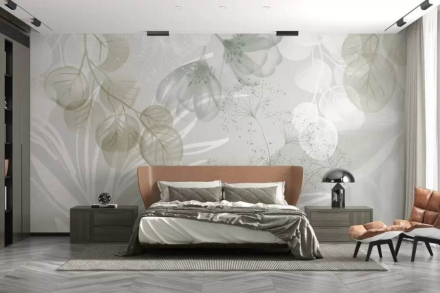 Murale Éléments floraux d'eucaliptus dans les tons de vert et de blanc avec des feuilles et des pétales qui se chevauchent dans un style minimaliste w08599v1