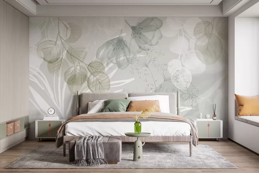 Murale Éléments floraux d'eucaliptus dans les tons de vert et de blanc avec des feuilles et des pétales qui se chevauchent dans un style minimaliste w08599v1