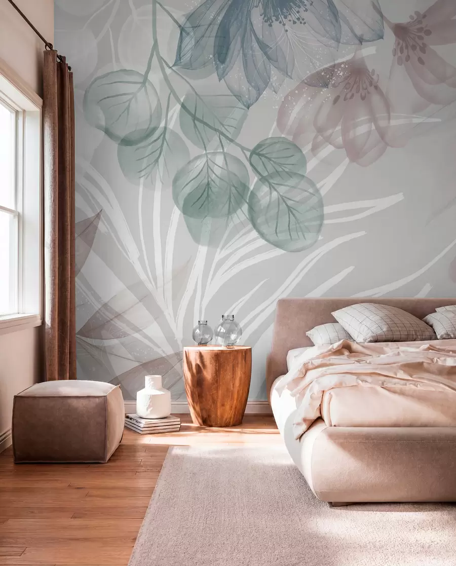 fototapeter Pastelfarvet blomsterprint med gennemsigtige store abstrakte blomster og blade i nuancer af grå, rosa og grøn w08600