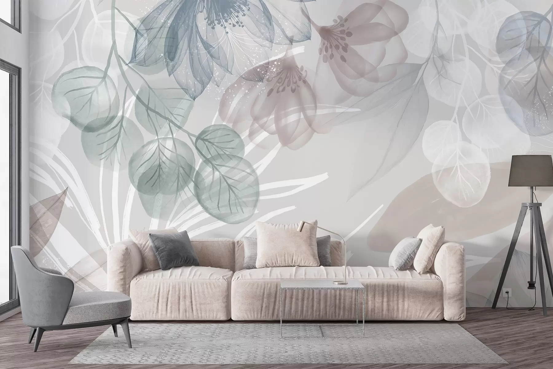 fototapeter Pastelfarvet blomsterprint med gennemsigtige store abstrakte blomster og blade i nuancer af grå, rosa og grøn w08600