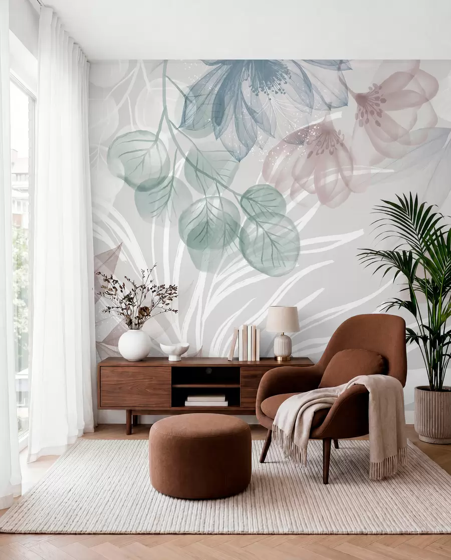 fototapeter Pastelfarvet blomsterprint med gennemsigtige store abstrakte blomster og blade i nuancer af grå, rosa og grøn w08600