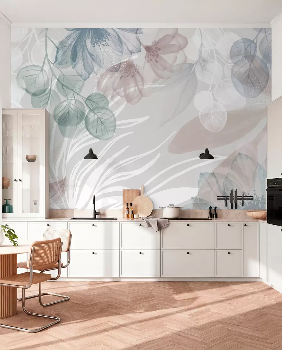 fototapeter Pastelfarvet blomsterprint med gennemsigtige store abstrakte blomster og blade i nuancer af grå, rosa og grøn w08600