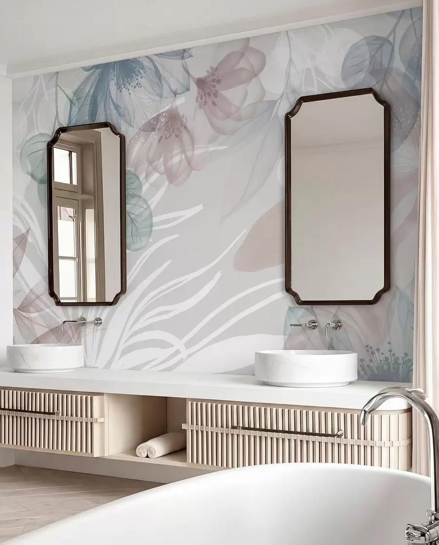 fototapeter Pastelfarvet blomsterprint med gennemsigtige store abstrakte blomster og blade i nuancer af grå, rosa og grøn w08600